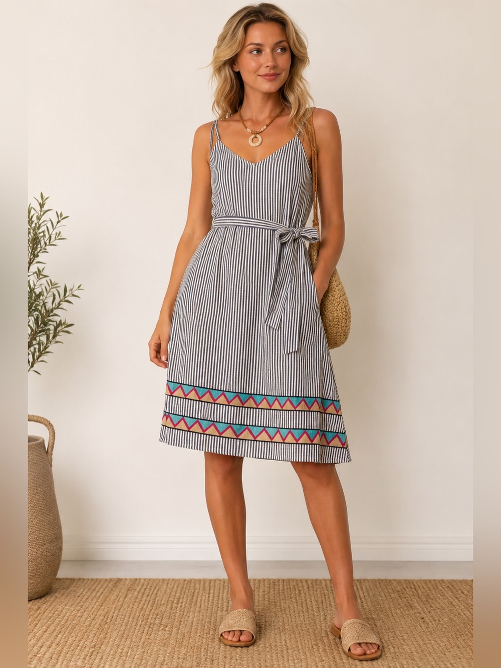 Suboo Striped Tie-Waist Wrap Sundress with Embroidered Hem - Navy/White Size 4